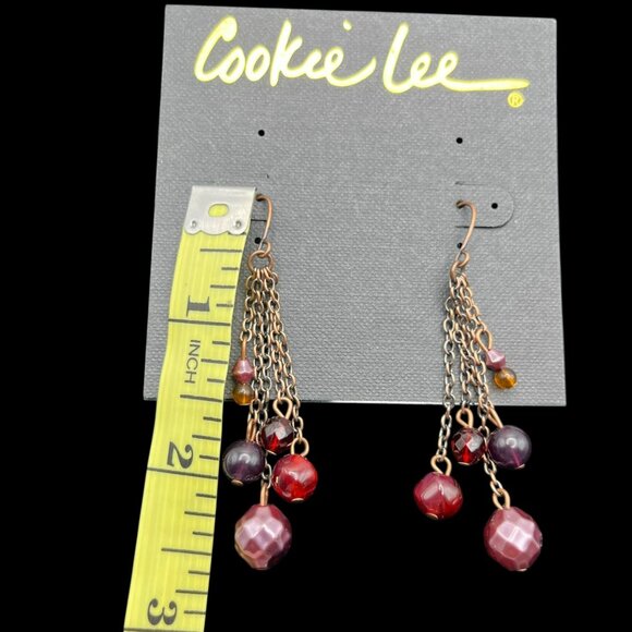 Vintage Cookie Lee Earrings Dangle Beads Crystal Pink Red Brass Tone NEW - Picture 4 of 6